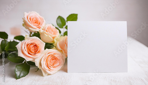 Mock-up of blank white paper card and bouquet of roses. Minimalist style. Floral composition. © hardvicore
