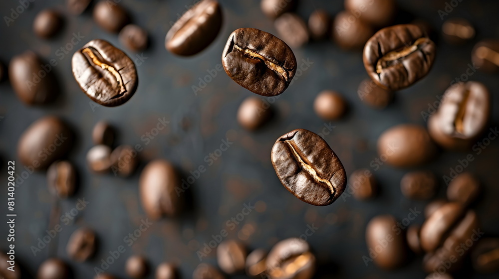 Fototapeta premium Closeup of coffee beans flying in the air with plain background