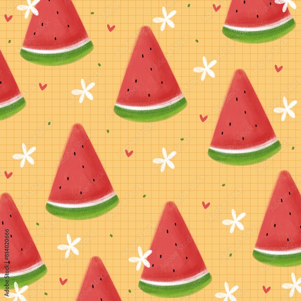 Bring vibrancy to your design with this delicate pattern of watermelon slices and floral motifs. Perfect for backgrounds, wallpapers, and decorations Bring vibrancy to your design with this delicate pattern of watermelon slices and floral motifs. Perfect for backgrounds, wallpapers, and decorations