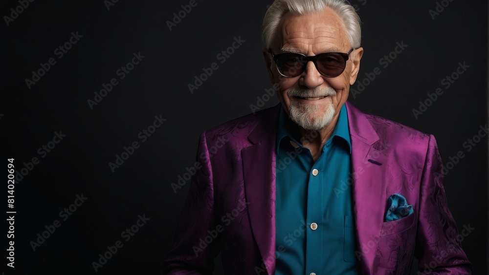 Obraz premium Gray-haired elderly man in stylish club clothes on a black background.