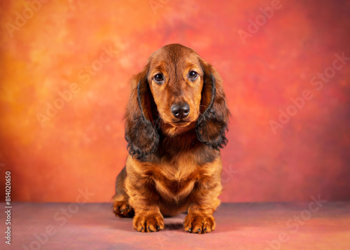 Cute portrait of a longhaired red dachshund puppy sitting on a table and looking at the camera on a red background