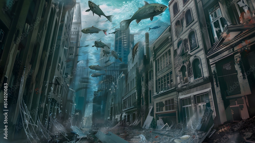 Obraz premium flooded city street. Fish swimming through the streets, making their way through the once bustling city