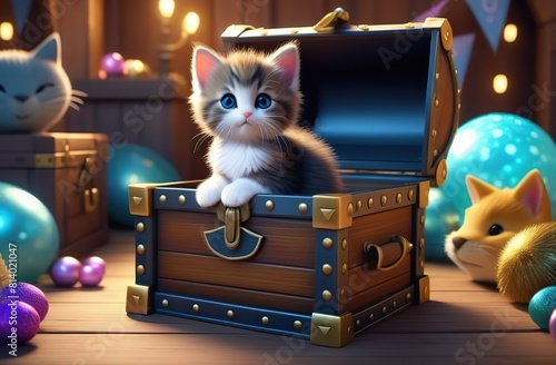 cute kitten sitting in a treasure chest surrounded by enchanted creatures, children's 3D animation, magical atmosphere of a children's party,