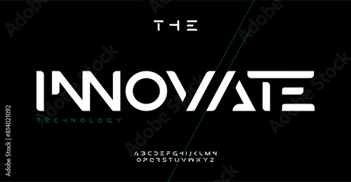 Innovative sleek alphabet, bold geometric sans serif letters, cutting-edge digital font for dynamic tech logo, powerful headline, advanced typography, future-facing typographic design.Vector typeset