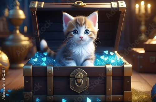 cute kitten sitting in a treasure chest surrounded by enchanted creatures, children's 3D animation, magical atmosphere of a children's party,
