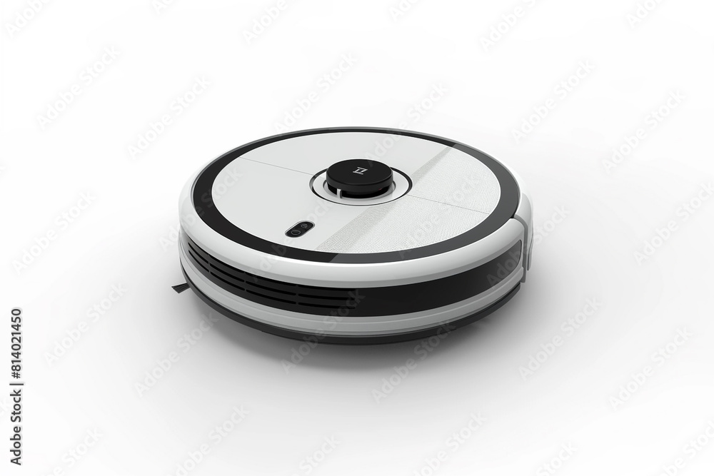 A smart robotic vacuum cleaner with voice control and mapping technology isolated on a solid white background. A smart robotic vacuum cleaner with voice control and mapping technology isolated on a solid white background.
