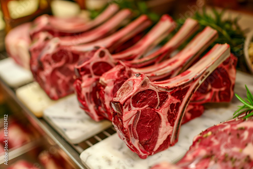 Steaks displayed at a butcher shop photo