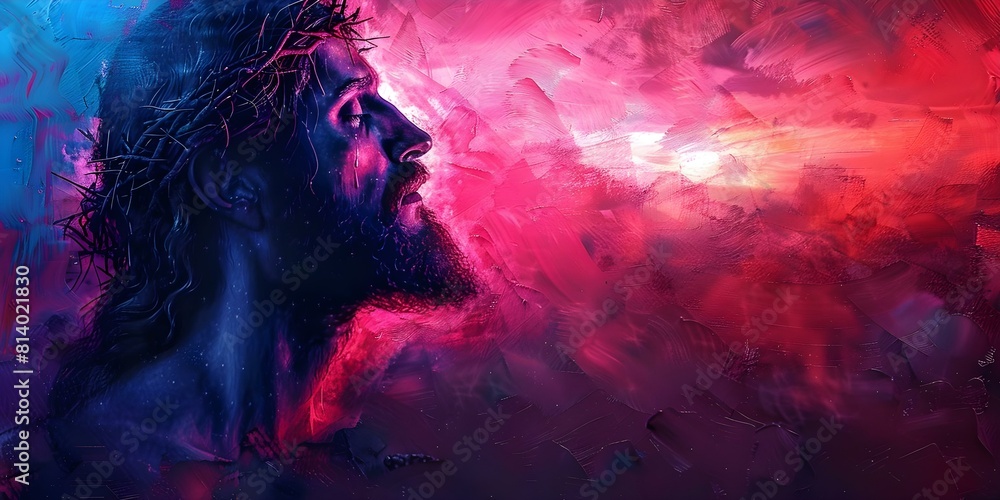 Fototapeta premium Jesus in oil painting style against sunset sky: Christian banner. Concept Religious Art, Oil Painting, Christianity, Sunset Sky, Jesus Portrait