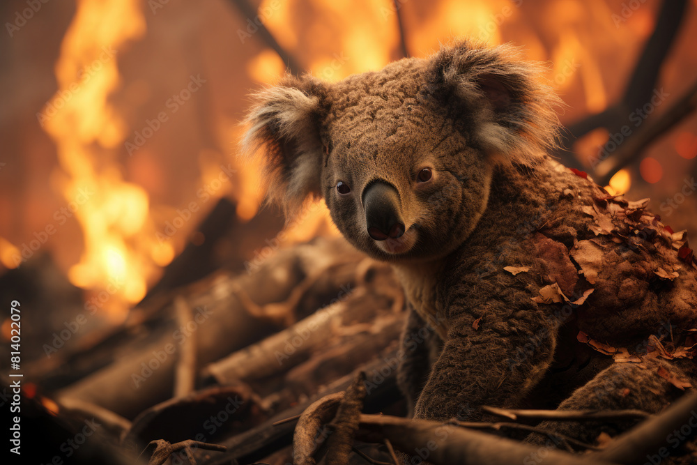 A koala sits on a tree in a burning forest. Global natural disaster A koala sits on a tree in a burning forest. Global natural disaster
