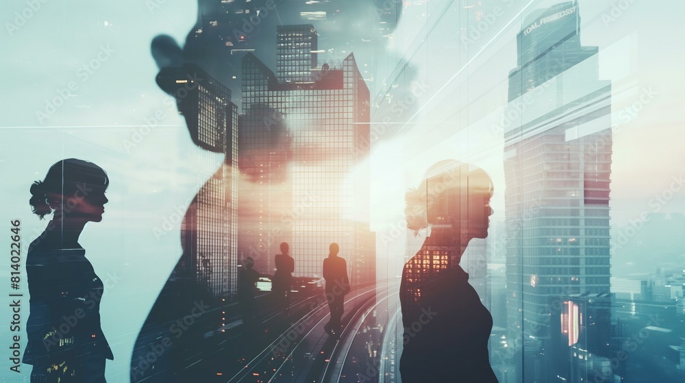 Obraz premium Double Exposure Image of Business Professionals in Urban Setting