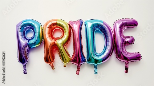 Colorful Foil Balloons Shaped as PRIDE Text on White Background, Symbol of LGBTQ+ Celebration