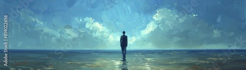 Figure at crossroads, choosing under serene blue skies, soft pale background. photo