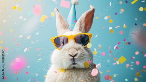Celebration Theme With Cute Easter Bunny in Sunglasses and Festive Confetti
