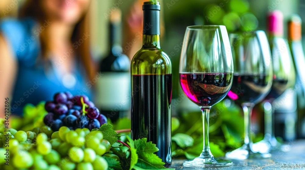 Red and white wine in a glass with green grapes on the table Red and white wine in a glass with green grapes on the table