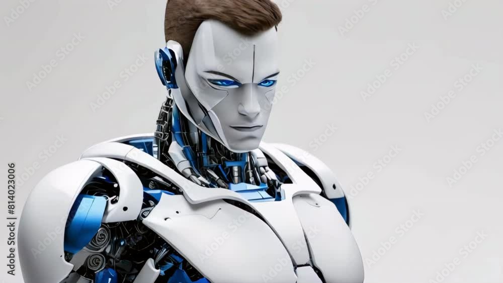 White blue modern male robot android on white background White blue modern male robot android on white background