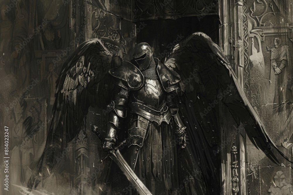 Naklejka premium A powerful image of an angel holding a sword. Perfect for religious or fantasy themes
