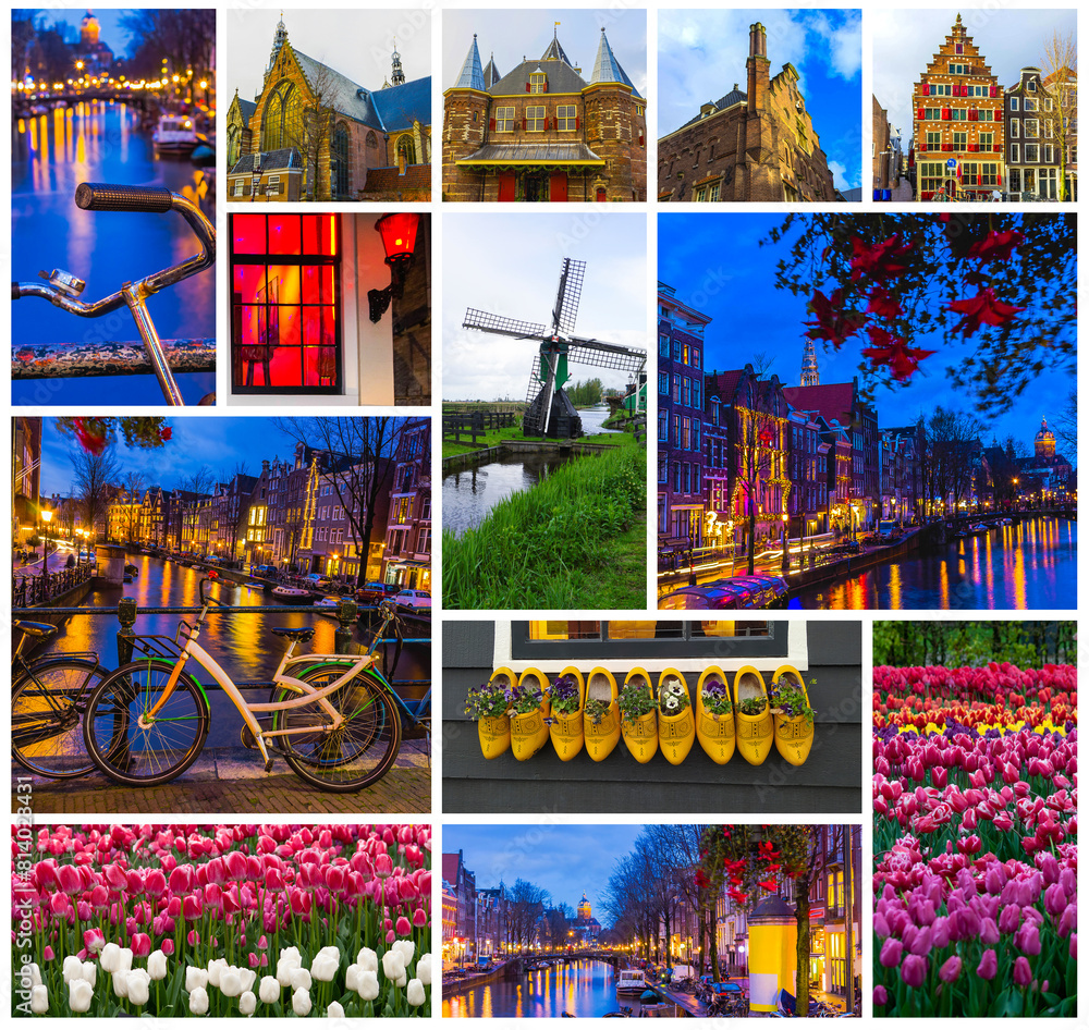 Amsterdam city photo collage. Landmark travel photos postcard from Amsterdam, Netherlands.