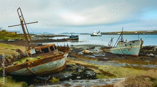 Sunken boats and ships scattered across the landscape, reminders of a once thriving port photo