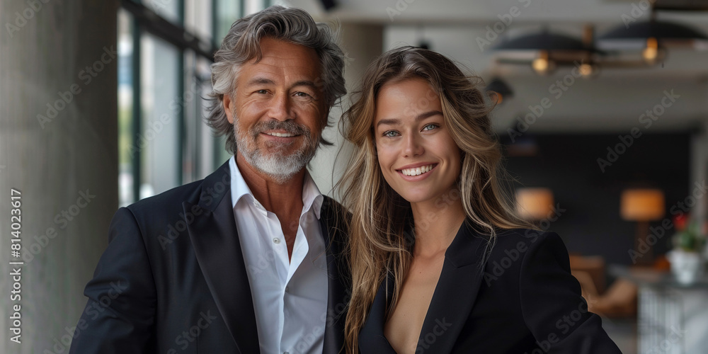 A handsome, successful couple of businesspeople exudes confidence and joy, showcasing professional style and togetherness A handsome, successful couple of businesspeople exudes confidence and joy, showcasing professional style and togetherness