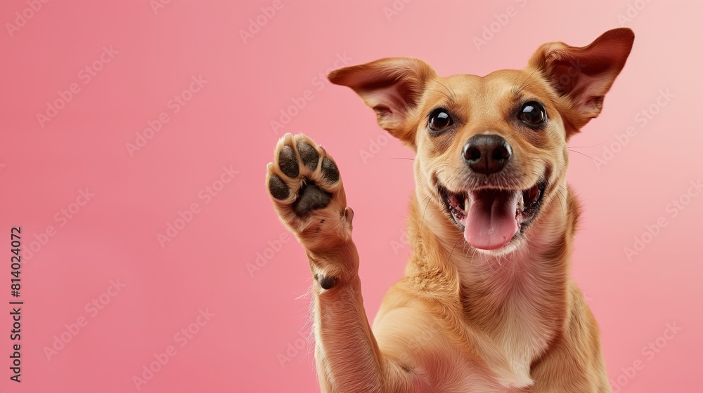 © Damian - Enthusiastic Chihuahua Puppy Eagerly Raising Its Paw, Captured on a Vibrant Pink Background, Exuding Joy and Excitement. Funny animal for banner, flyer, poster, card with copy space