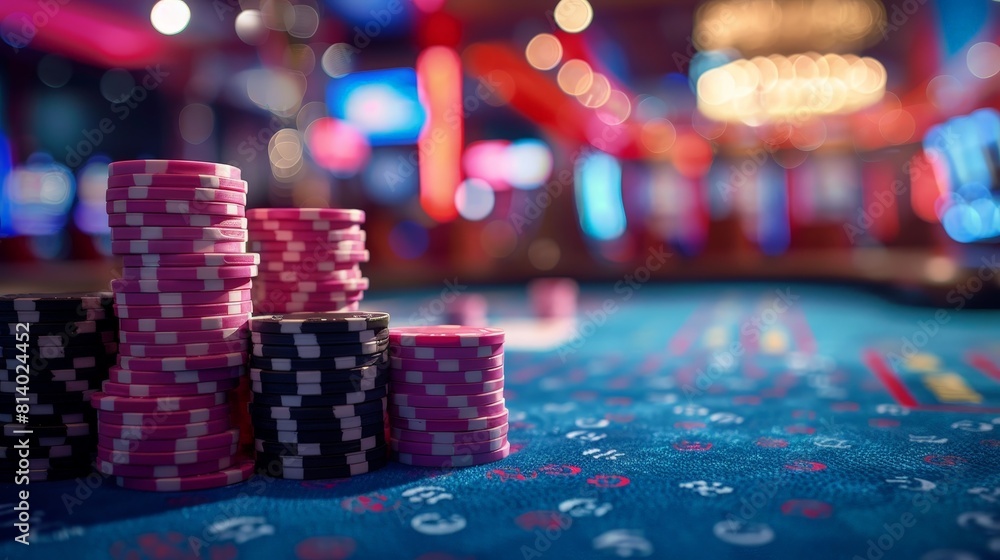 High detail shot of a blue table, pink and black chips in focus, casino background blurred, high realism High detail shot of a blue table, pink and black chips in focus, casino background blurred, high realism