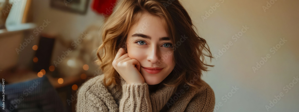 Fototapeta premium A young woman in a sweater posing for a photo.