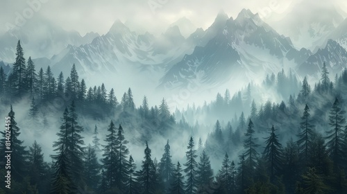 Fantasy landscape with mountains and forest in fog. Digital painting. created with generative AI technology. hyper realistic  photo
