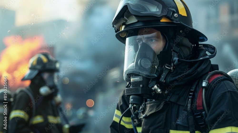 A firefighter wearing a gas mask stands in front of a blazing fire, ready to combat the flames and protect life and property. A firefighter wearing a gas mask stands in front of a blazing fire, ready to combat the flames and protect life and property.