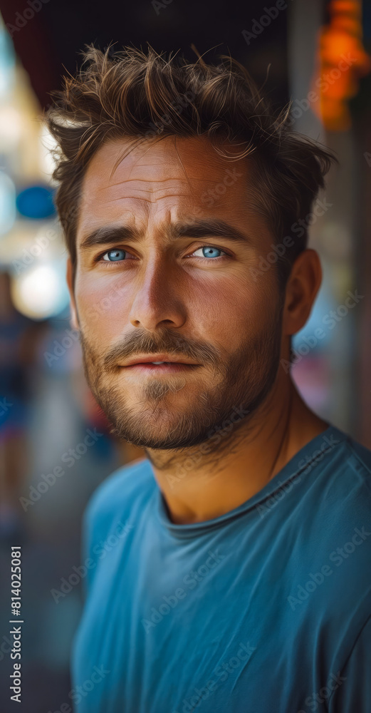 A man with blue eyes and a beard. A man with blue eyes and a beard.