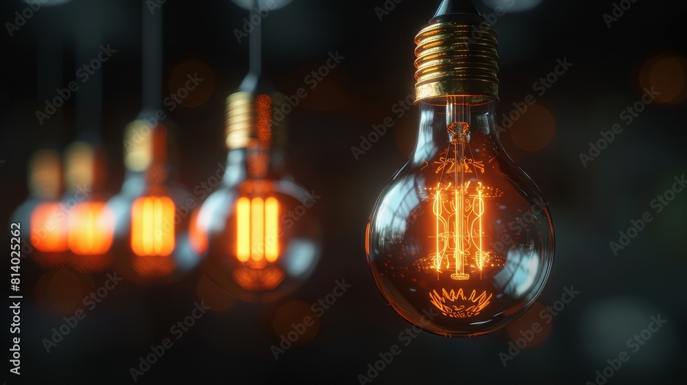Glowing light bulbs on dark backgrounds, suspended in a row, some higher, some lower, view from a distance Glowing light bulbs on dark backgrounds, suspended in a row, some higher, some lower, view from a distance