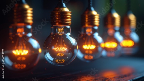 Glowing light bulbs on dark backgrounds, suspended in a row, some higher, some lower, view from a distance © Igbal