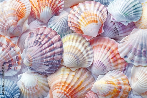 A collection of vibrant sea shells arranged symmetrically on a white surface  showcasing natural beauty and intricate patterns in electric blue  magenta  and other hues. High quality photo