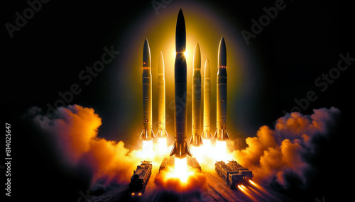 Vivid Image of Several Rockets Launching Simultaneously, Emitting Fiery Trails Against a Dark Night Sky, Depicting Strength and Military Might