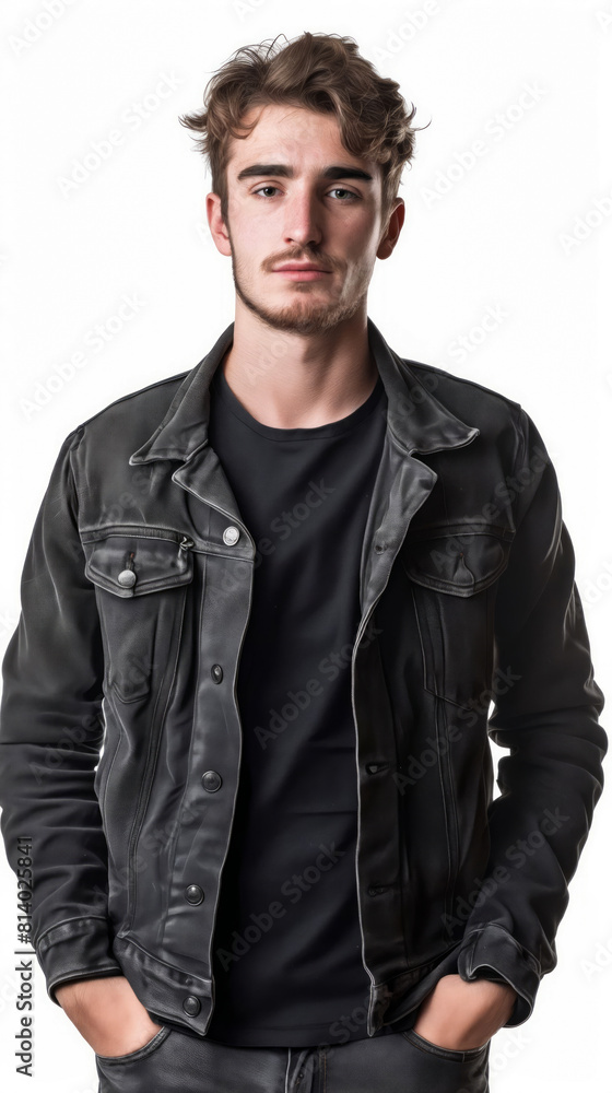 A young man wearing a black jacket and black jeans. A young man wearing a black jacket and black jeans.