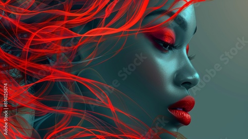 A striking digital artwork depicting a close-up of a woman with vibrant red hair flowing dynamically. The image exudes beauty  creativity  and modern art.