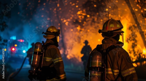 Two firefighters in protective gear stand ready as fierce flames consume the background at a nighttime fire incident.