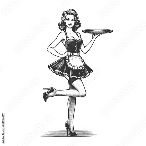 Pin-up girl retro waitress in classic uniform, serving food with poise elegance sketch engraving generative ai fictional character vector illustration. Scratch board imitation. Black and white image.