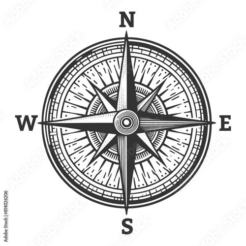 Wind rose Nautical Compass map sketch engraving generative ai fictional character vector illustration. Scratch board imitation. Black and white image.