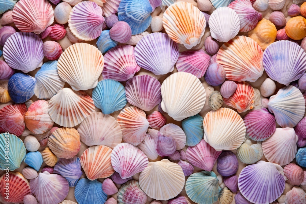 A collection of vibrant sea shells arranged symmetrically on a white surface, showcasing natural beauty and intricate patterns in electric blue, magenta, and other hues. High quality photo A collection of vibrant sea shells arranged symmetrically on a white surface, showcasing natural beauty and intricate patterns in electric blue, magenta, and other hues. High quality photo