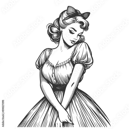 pin-up shy girl with thoughtful smile, elegant retro hairstyle and attire sketch engraving generative ai fictional character vector illustration. Scratch board imitation. Black and white image