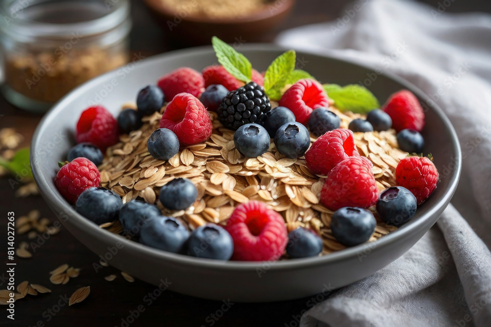 Gray bowl of oatmeal garnished with blueberries, raspberries and blackberries. Healthy and appetizing breakfast. Gray bowl of oatmeal garnished with blueberries, raspberries and blackberries. Healthy and appetizing breakfast.