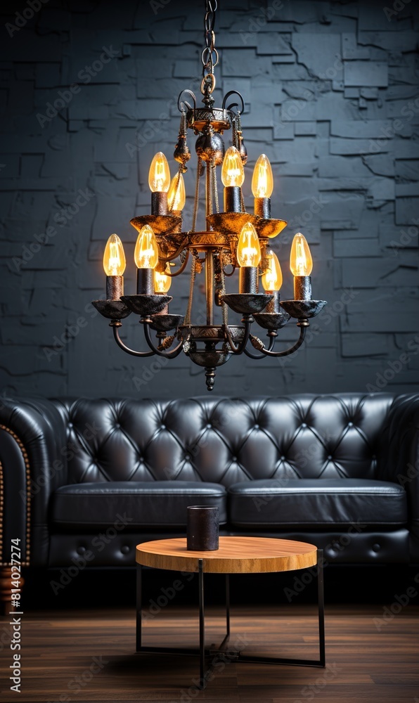 chandelier lamp in a black brick room 