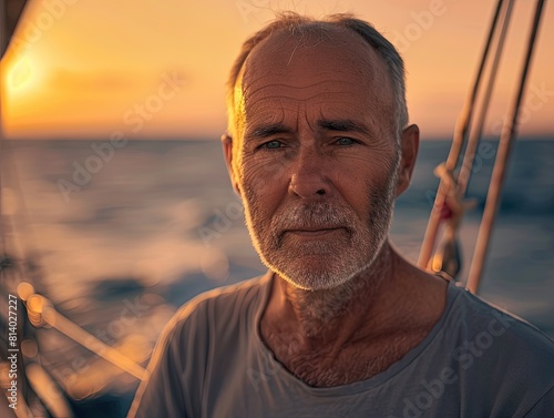 A middle-aged man standing on the deck of a yacht at a sunset