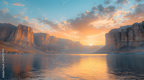 A photo of the Band-e Amir Lakes  with towering cliffs as the background  during a serene sunrise