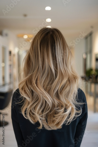 Back view of a woman with blonde hair in a hair salon, balayage, highlights, documentary style