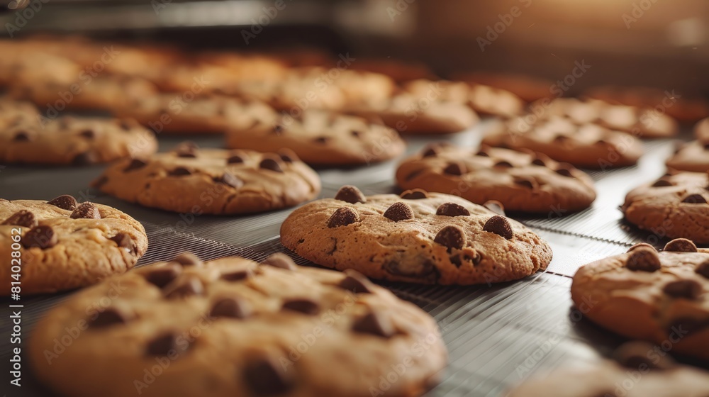 Producing cookies in the food industry with copyspace for text hyper realistic 