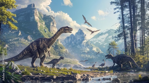 Prehistoric landscape of dinosaurs roaming the earth in an ancient valley hyper realistic  photo