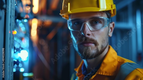 Professional electric worker in hardhat. Portrait of engineer electrician man hyper realistic 