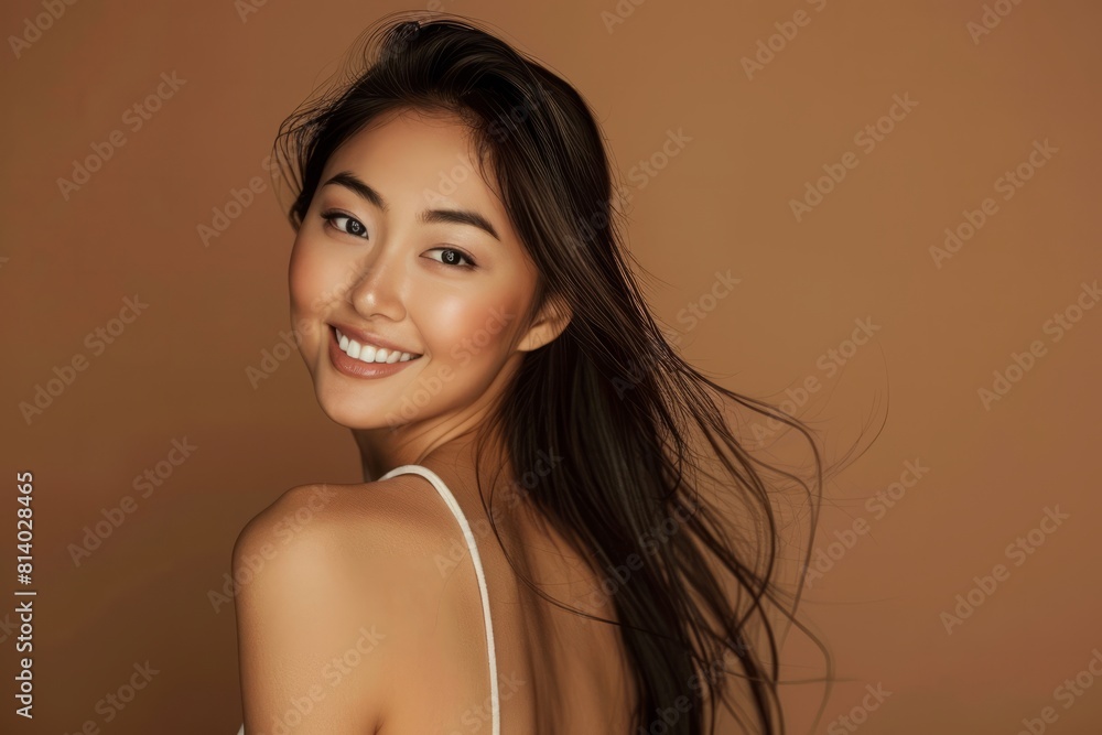 A woman with long hair is smiling and looking at the camera A woman with long hair is smiling and looking at the camera