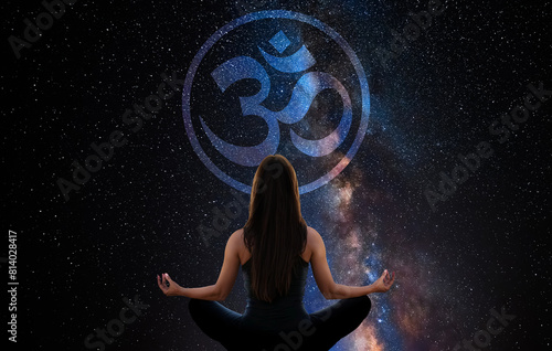 Woman meditating with the universe in the background with buddhist Om sign 